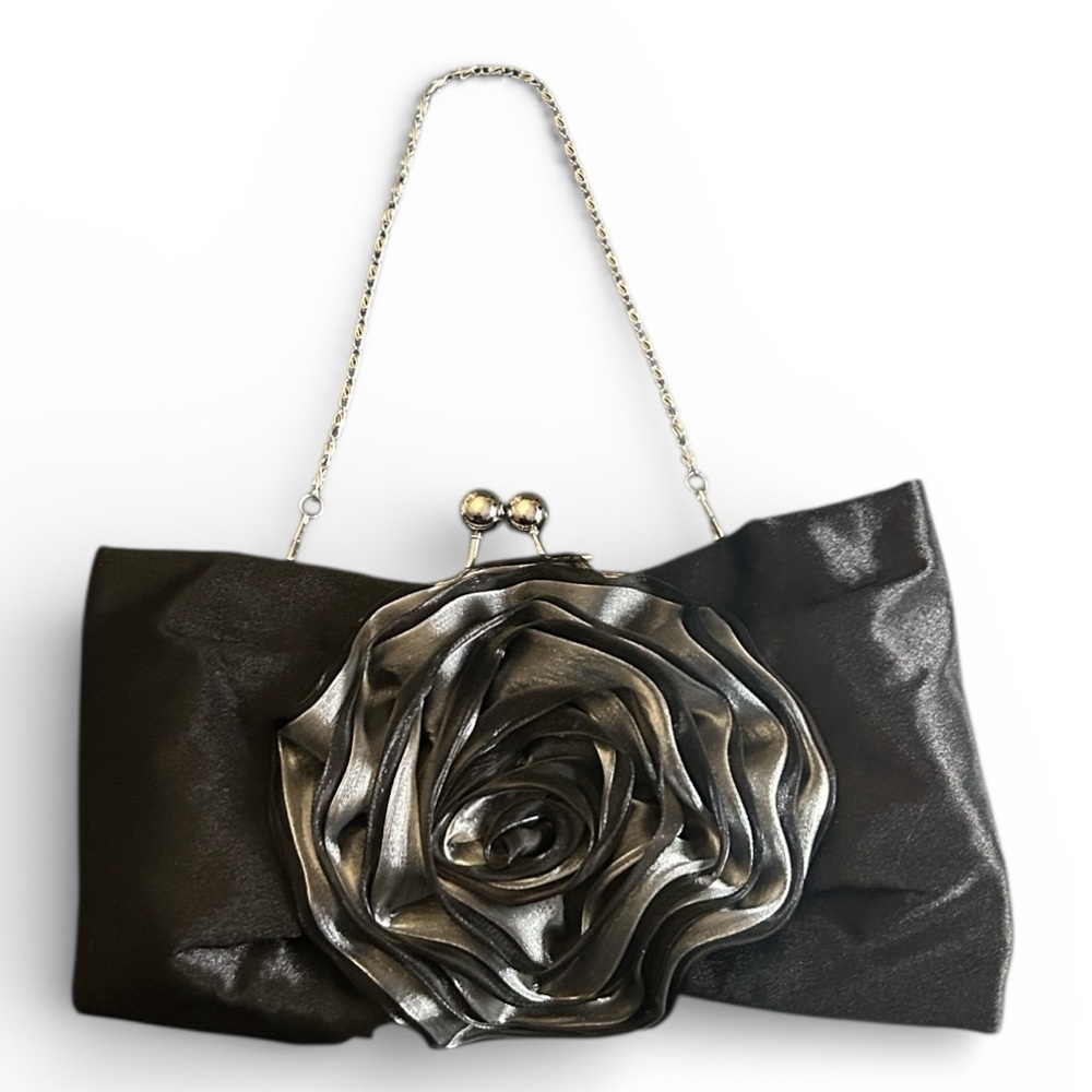 Black Satin Evening Bag with Gray Satine Fabric Flower and Chain - Picture 2 of 6